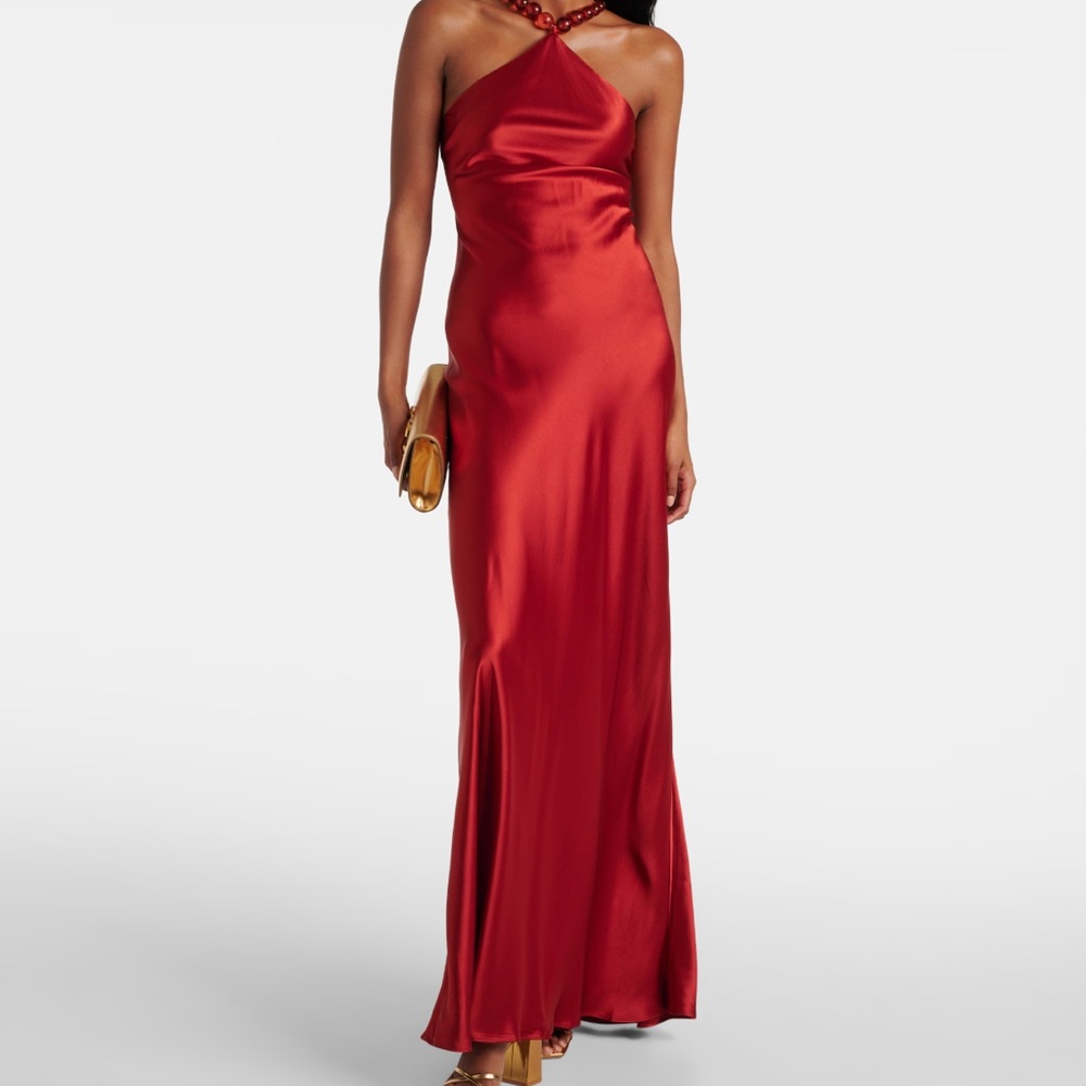 STAUD Cadence Embellished Satin Beaded Strap Maxi Dress